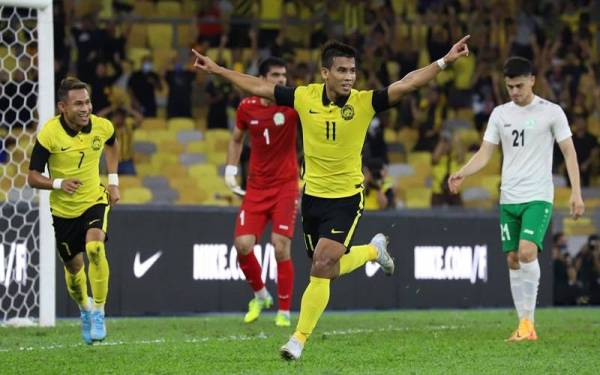 Safawi meraikan jaringan pertama Harimau Malaya pada perlawanan Kumpulan E Kelayakan Piala Asia 2023, menentang Turkmenistan di Stadium Nasional, Bukit Jalil. Foto FAM