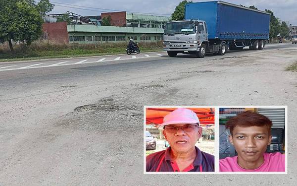 Keadaan jalan tidak rata dan berlubang di Pekan Nanas. Gambar dari kiri: Pak Tam dan Fakhrul 