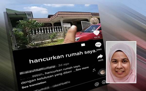 Tangkap layar video tular tentang rintihan pemilik rumah rosak akibat kerja ubah suai rumah jirannya. Gambar kecil: Norafiza