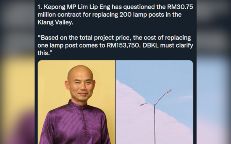 Tangkap layar kenyataan Ahli Parlimen Kepong, Lim Lip Eng tentang dakwaan kontrak RM30.75 juta untuk menggantikan 200 tiang lampu di Lembah Klang yang tular di lama sosial.