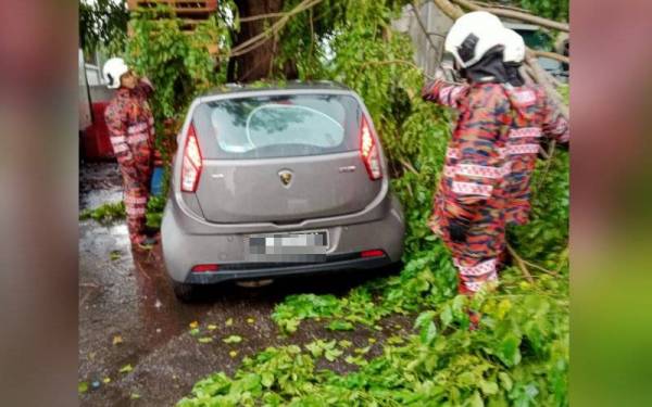 Anggota bomba sedang mengalihkan dahan pokok yang menghempap sebuah kereta dalam kejadian di Sungai Jerlok, Kajang di sini pada petang Isnin.