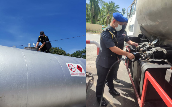 Pegawai KPDNHEP Perak menjalankan pemeriksaan pada sebuah lori tangki yang digunakan dalam kegiatan penyelewengan minyak diesel bersubsidi di sebuah stesen minyak di Pantai Remis, Manjung pada Isnin. - Foto Ihsan KPDNHEP Perak