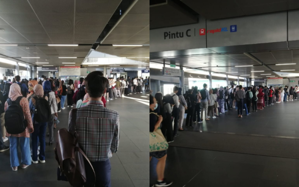 Pengguna Twitter, @mathanamuhilan memuat naik gambar keadaan sesak di stesen LRT Pasar Seni pada pagi Rabu.