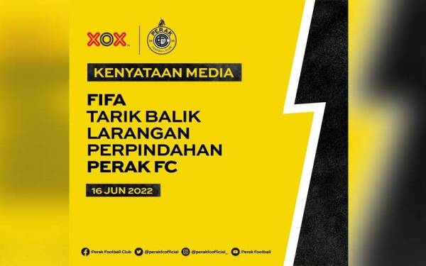 Kenyataan media mengenai penarikan balik larangan perpindahan Perak FC oleh FIFA.