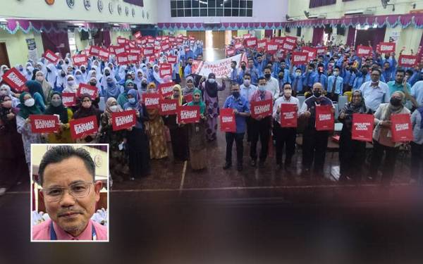 Pasukan Rasuah Busters bergambar bersama warga MRSM Pendang selepas Sesi libat urus dan Kempen Antirasuah bersama 450 warga MRSM Pendang yang diketuai Ketua Pegawai Eksekutif Yayasan Sinar Untuk Malaysia (#RasuahBusters), Nurhayati Nordin di maktab tersebut di Pendang pada petang Rabu. Gambar kecil: Wan Mustaffa