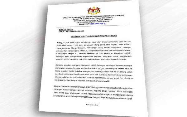 Kenyataan media dikeluarkan JKKP Selangor pada Jumaat.