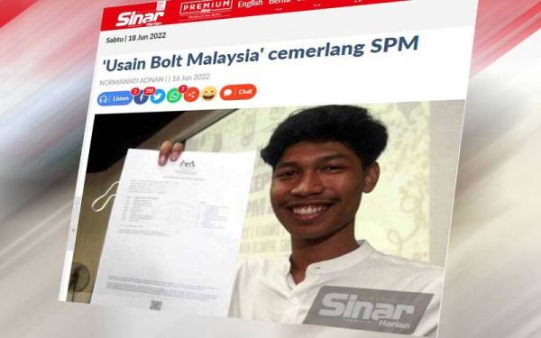 Muhammad Azeem atau diberi jolokan ‘Usain Bolt’ Malaysia yang meraih keputusan cemerlang pada peperiksaan Sijil Pelajaran Malaysia 2021.