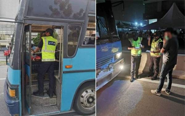 Antara bas kilang yang ditahan untuk pemeriksaan semasa Op Bas Kilang di Klang pada Rabu.