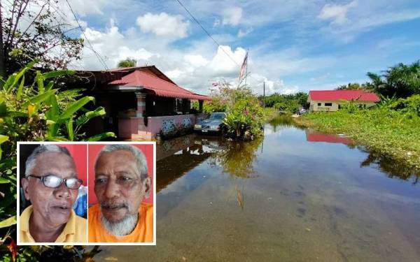 Pekarangan rumah penduduk di Jalan Perepat masih digenangi air pada Sabtu. (Gambar kecil: Khalil Mohd Atan, Rosli Muhamad)