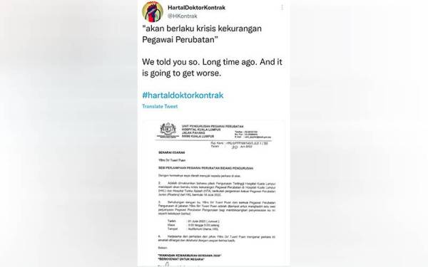 Tangkap layar ciapan @HartalDoktorKontrak di Twitter pada Khamis.