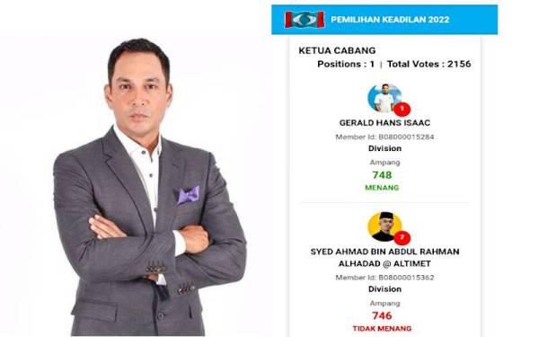 Tangkap layar keputusan Pemilihan PKR 2022 bagi Ketua PKR Cabang Ampang dalam laman sesawang Pemilihan PKR 2022.