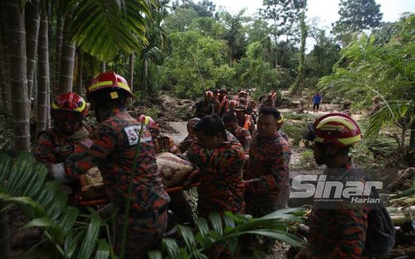 Anggota bomba mengeluarkan mayat kedua-dua mangsa yang dijumpai dalam keadaan berpelukan di bawah timbunan kayu balak.