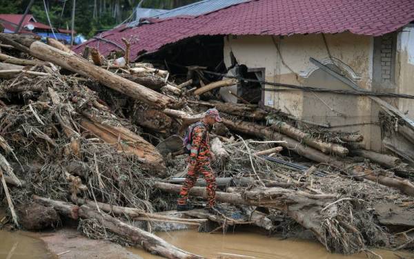 Anggota Bomba dan Penyelamat meninjau keadaan timbunan kayu balak yang berada berhampiran rumah penduduk di Kampung Iboi, Kupang pada Selasa. - Foto Bernama