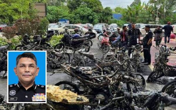 34 buah motosikal musnah dalam kebakaran di kawasan parkir Blok G, PPR Kampung Muhibbah, Bukit Jalil di Kuala Lumpur pada Rabu. (Gambar kecil: Mohammad Idzam)