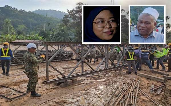 Kakitangan JKR Kedah dengan kerjasama anggota tentera membina jambatan Panel Keluli Bermodular bermula Khamis dan dijangka siap pada Sabtu. FOTO FB HISHAMMUDDIN HUSSEIN Abu Hasan Samah Nur Atikah Ramli.