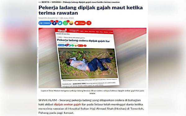 Mangsa dilaporkan meninggal dunia jam 1.21 pagi Jumaat ketika sedang menerima rawatan di HoSHAS.