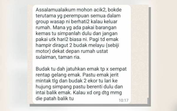 Tangkap layar aplikasi WhatsApp yang tular pada Khamis.