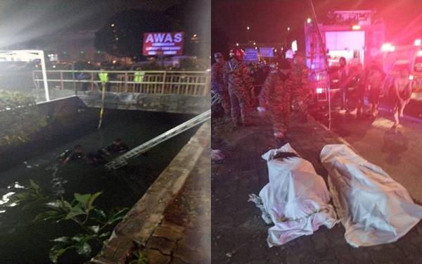 Anggota bomba berusaha mengeluarkan pemandu dan penumpang kereta yang terbabas dan terjunam ke dalam parit di Kilometer 14.3 Lebuhraya Iskandar Sultan, Johor Bahru, pada Ahad