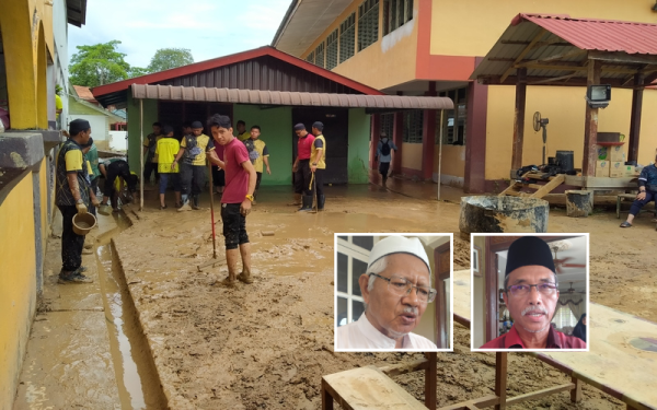 Pelajar SMA Arab Yayasan Khairiah Kupang melakukan kerja-kerja pembersihan kawasan sekolah yang dipenuhi lumpur akibat banjir dan kepala air pada 4 Julai lalu. (Gambar kecil: Abdul Rahman, Ku Ardanan)