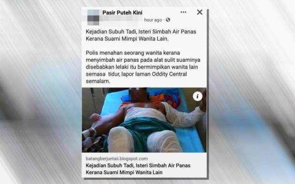 Kejadian isteri menyimbah air panas terhadap suami bukan berlaku di Pasir Puteh tetapi di Bolivia.