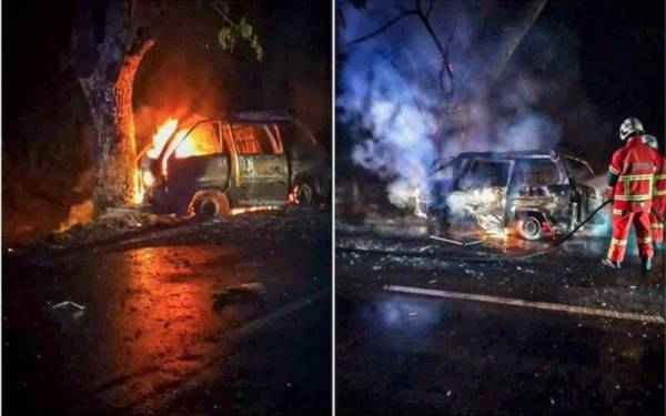 Dua orang rentung apabila van membawa muatan diesel yang dinaiki terbakar selepas merempuh sebatang pokok di tepi Jalan Khong Yit Khim, di Sibu dalam kemalangan awal pagi tadi. - Foto Bernama (kredit: JBPM)