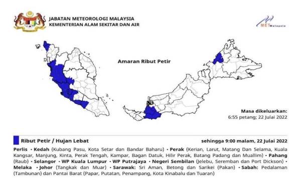 MetMalaysia mengeluarkan amaran ribut petir, hujan lebat dan angin kencang melibatkan 10 negeri dan dua wilayah sehingga jam 9 malam, pada Jumaat.