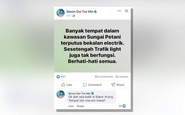 Status yang dimuat naik meminta agar penduduk Sungai Petani berwaspada susulan gangguan bekalan elektrik.