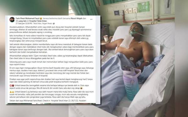 Faris Ifwat ketika menerima rawatan di Hospital Teluk Intan melalui siaran di Facebooknya pada Rabu