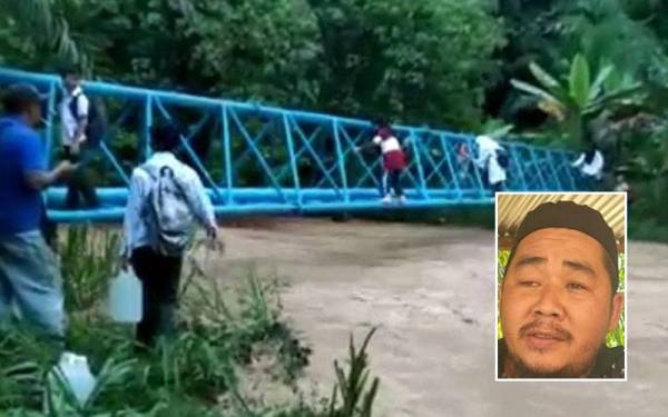 Rakaman video tular ketika murid menyeberang Sungai Biah dengan meniti saluran paip di Kampung Mansiang Baru, Keningau. Gambar kecil: Kamlee