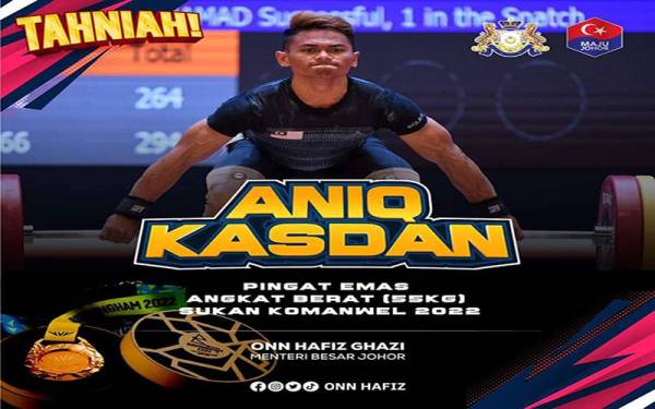 Atlet angkat berat kelahiran Johor, Mohamad Aniq Kasdan memenangi pingat emas pertama negara dalam kategori 55kg pada Sukan Komanwel Birmingham 2022.