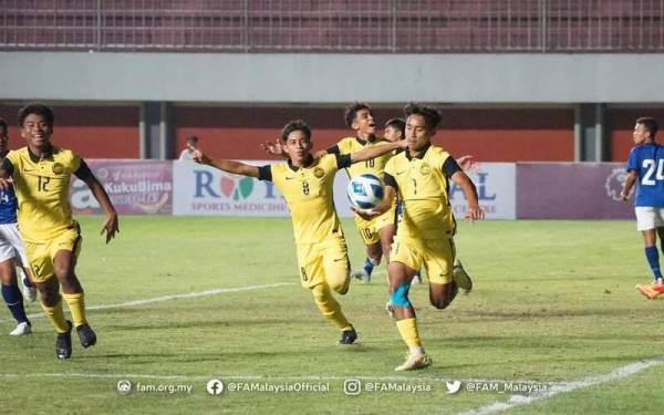 Arami Wafiy Zakimi. - Foto FB FAM
Pemain negara meraikan gol sulung pada perlawanan pembukaan Kumpulan C, Kejuaraan B-16 AFF 2022 berdepan Kemboja pada Selasa. - Foto FB FAM