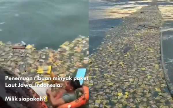 Gambar kanan: Tangkap layar menunjukkan seorang lelaki mengutip minyak masak peket yang terapung di laut. Gambar kiri: Tangkap layar menunjukkan ribuan minyak masak peket yang terapung di laut Pulau Jawa, Indonesia.