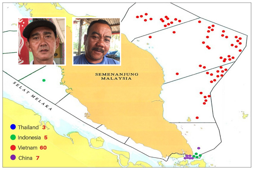 Nelayan Vietnam (warna merah) aktif mencuri hasil laut di perairan pantai timur Semenanjung. Gambar kecil dari kiri: Shahrul, Rozaimi.