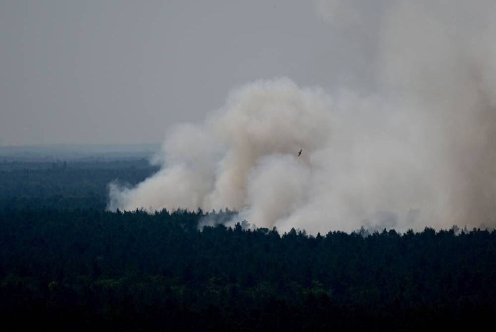 Hutan Grunewald terbakar selepas letupan berlaku di stor penyimpanan peluru polis di Berlin pada Khamis. - Foto AFP