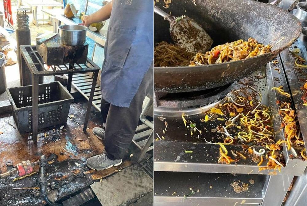 Keadaan ruang premis (kiri) dan juga peralatan yang dikesan berada dalam keadaan kotor dan menjijikkan ketika pemeriksaan dalam Operasi Gempur Premis Makanan MBK yang dilaksanakan sejak 7 Ogos lalu. - Foto FB MBK