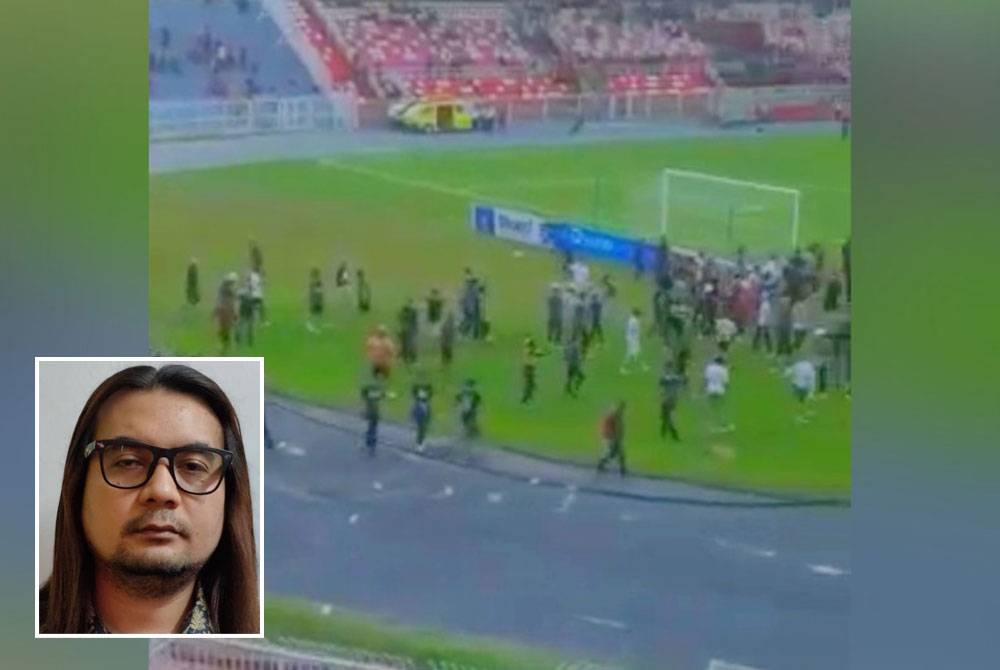 Insiden kekecohan yang berlaku pada aksi Liga Premier antara TRW dengan Perak FC di Stadium Sultan Muhammad IV di Kota Bharu pada petang Selasa. Gambar kecil: Mohd Nurul