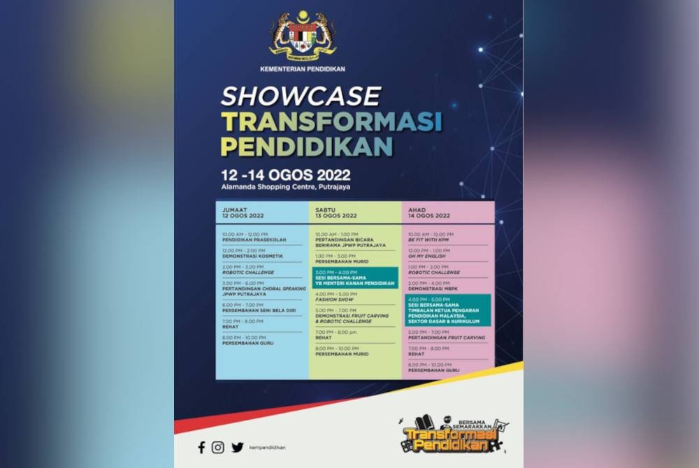 Jadual aktiviti Showcase Transformasi Pendidikan yang akan berlangsung di Centre Court Alamanda Shopping Centre, Putrajaya pada 12 hingga 14 Ogos depan.