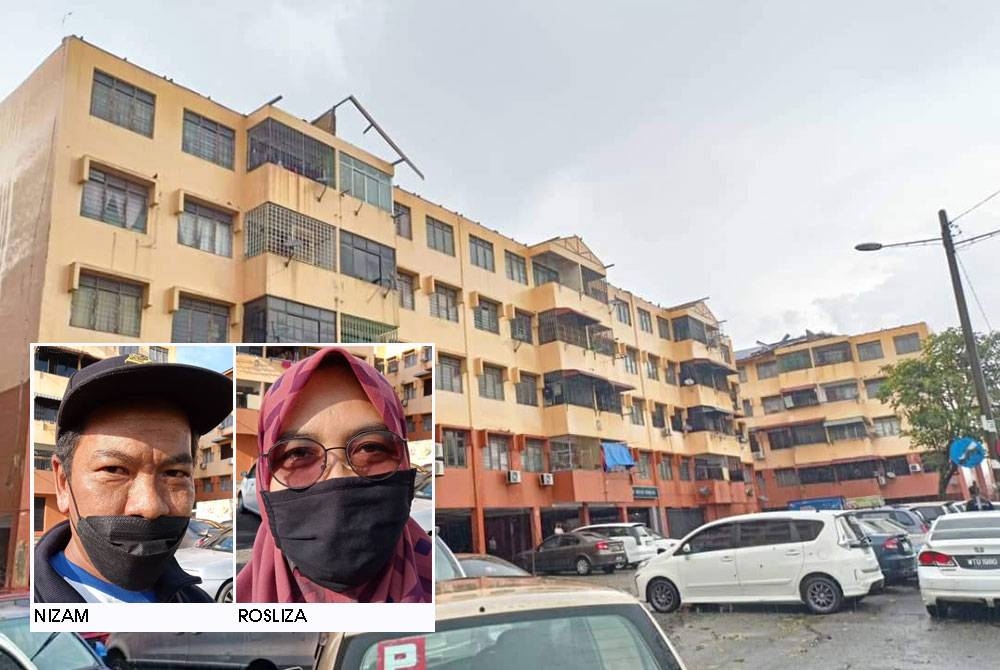 Keadaan Flat Ros Merah di Taman Johor Jaya yang mengalami kerosakan teruk akibat ribut pada Jumaat.- Foto Facebook Mohd Jafni Md Shukor (Gambar kecil: Rosliza, Nizam)