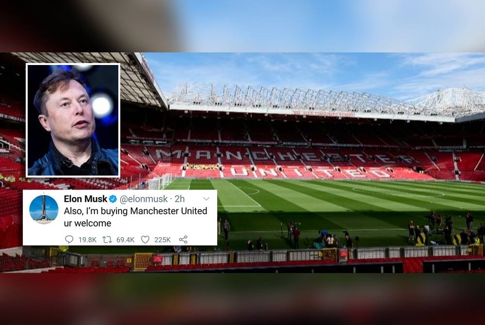 Musk beri bayangan mahu membeli Manchester United & Ciapan Musk di Twitternya. (Gambar kecil: Elon Musk)