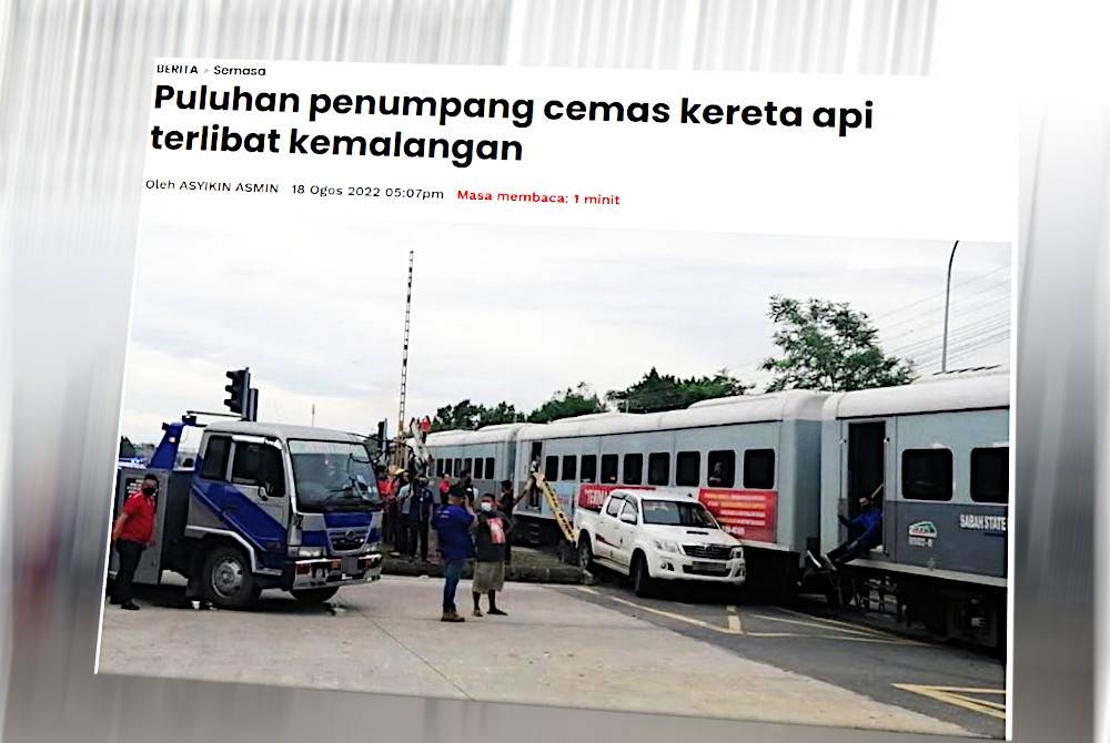 Sinar Harian pada Khamis melaporkan puluhan penumpang berhadapan detik cemas selepas kereta api yang dinaiki terbabit dalam kemalangan melibatkan lori dan sebuah pacuan empat roda di Jalan Lintas, berhampiran KKIA, di sini.