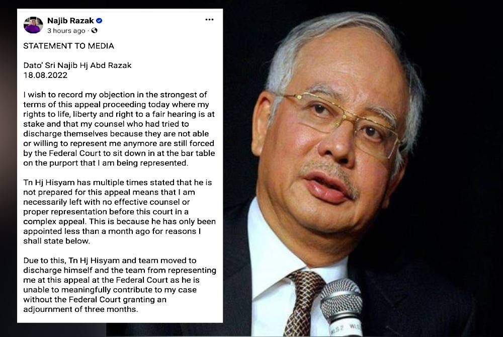 Najib. (kiri) Tangkap layar kenyataan dimuat naik Najib di laman Facebooknya.