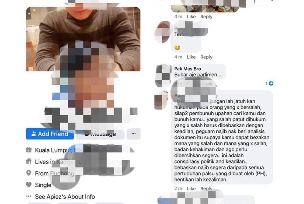 Hantaran milik seorang individu yang dikesan berbaur ugutan di Facebook pada Jumaat.