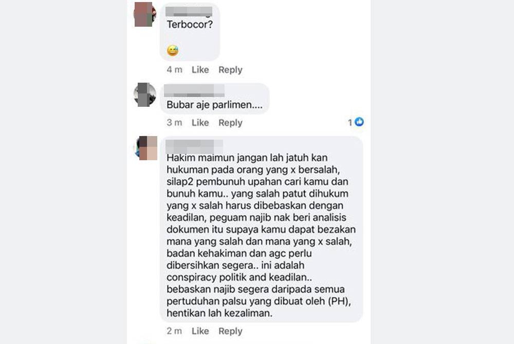 Tangkap layar memaparkan komen dibuat suspek tular selepas dikongsikan menerusi aplikasi WhatsApp.