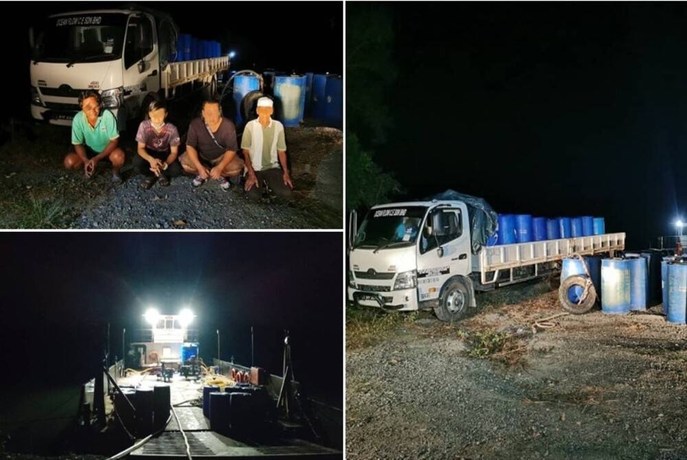 Maritim Malaysia Zon Maritim Lahad Datu menggagalkan cubaan menyeludup keluar 8,000 liter minyak petrol ke negara jiran dalam serbuan di jeti pangkalan nelayan Silam Kem di sini kira-kira 3.30 pagi Sabtu. - Foto Maritim Malaysia