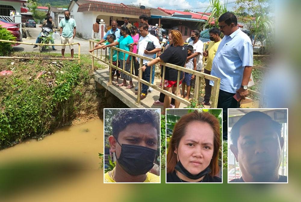 Suppayah (tengah) bersama penduduk setempat yang menjadi mangsa banjir melihat keadaan longkang dikatakan antara punca banjir di Taman Aman, Senai, Johor Bahru, pada Isnin. Gambar kecil dari kiri: Raja Raman, Mona dan Dzulfaquar Basya