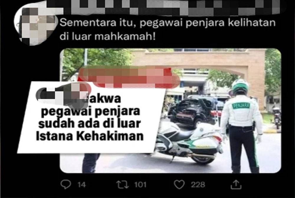 Seorang individu memuat naik hantaran menyatakan terdapat pegawai serta kenderaan Jabatan Penjara Malaysia di Istana Kehakiman pada Selasa.