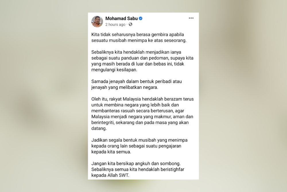 Tangkap layar tulisan Presiden Parti Amanah Negara (Amanah), Mohamad Sabu di Facebook, pada Rabu.