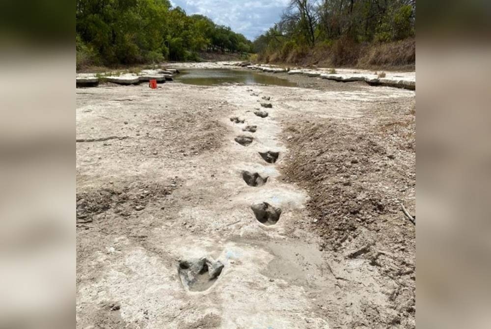 Kesan tapak kaki dinosaur ditemui di tepi tebing sebatang sungai di Taman Lembah Dinosaur Negeri, Texas baru- baru ini. - Foto AFP