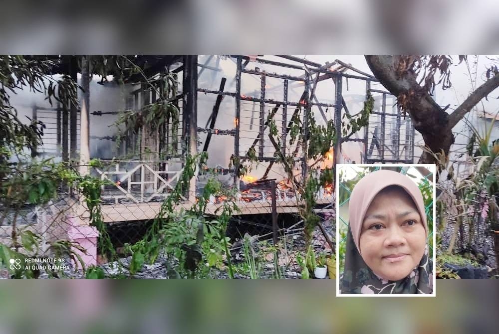 Rumah sepupu (gambar kecil: Hamiah) yang terbakar di Jalan Mata Kucing, Kampung Mata Kucing, Pengkalan Rama, di sini pagi Khamis.