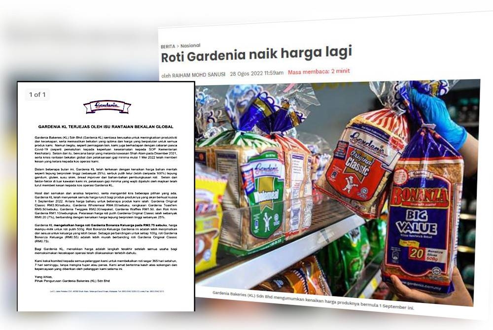 Kenyataan media Gardenia KL. (kiri) Gardenia Bakeries (KL) Sdn Bhd mengumumkan kenaikan harga produknya bermula 1 September ini.